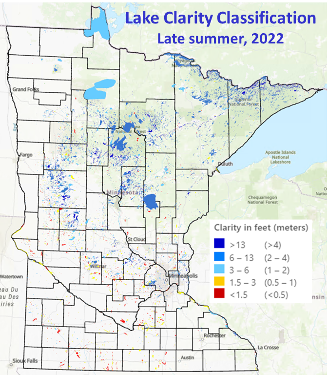 Map of Minnesota which shows clarity of lake water from the summer of 2020.