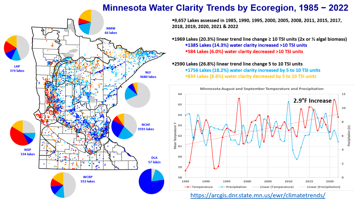 Minnesota water clarity trends by ecoregion from 1985 through 2022