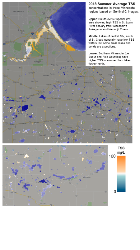 2018 summer average TSS concentrations in three Minnesota regions based on Sentinel-2 images