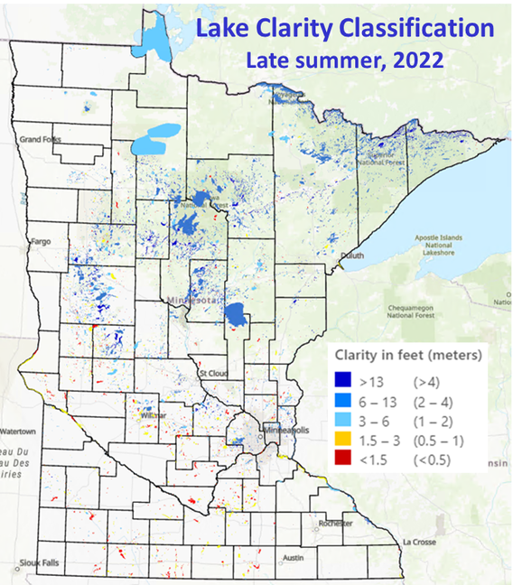 Map of Minnesota which shows clarity of lake water from the summer of 2020.